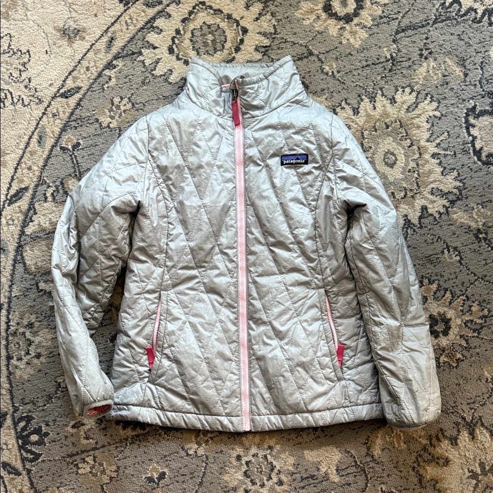 Patagonia Kids Silver Jacket with Pink Accents